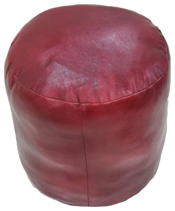 Pouf-Solid Handmade Leather Pouf (Recycled Foam with Fiber Fill), Dark Pink, (Round)18x18x18