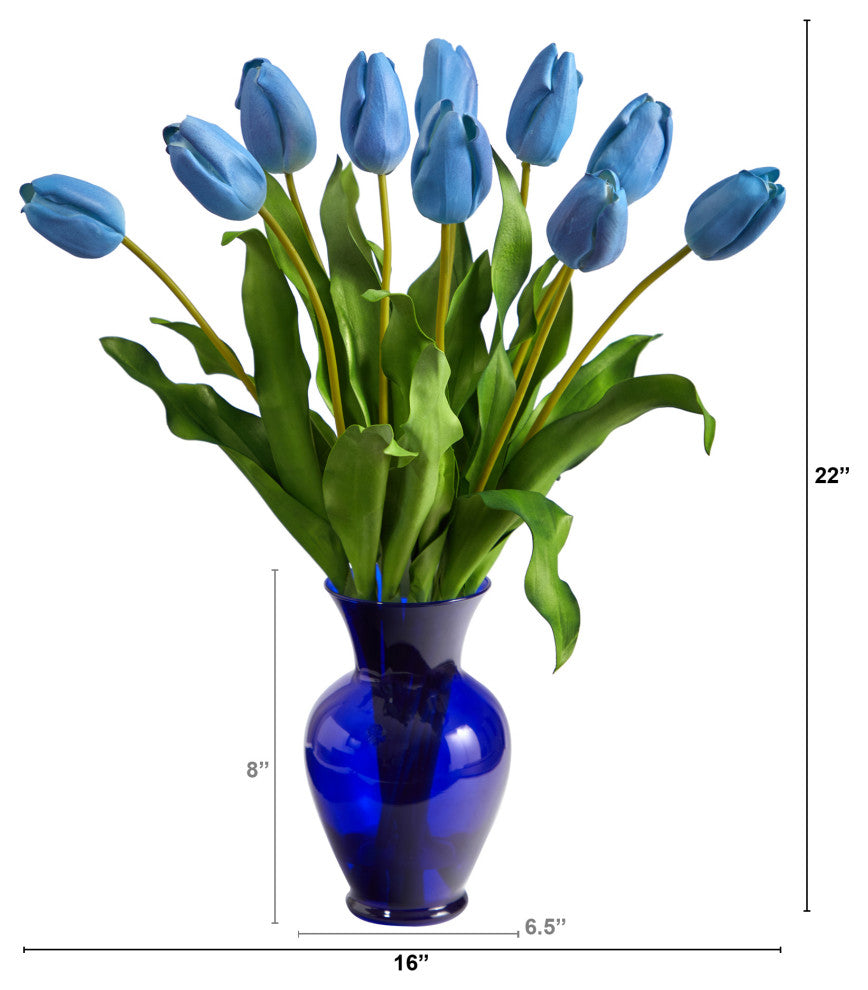 22" Dutch Tulip Artificial Arrangement, Blue Colored Vase