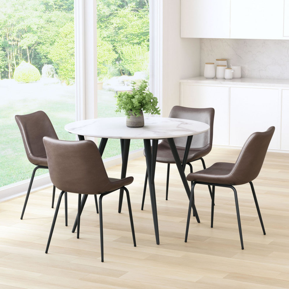Dining Chair, Set of 2, Faux Vinyl Leather, Steel, Brown, Black, Mid Century