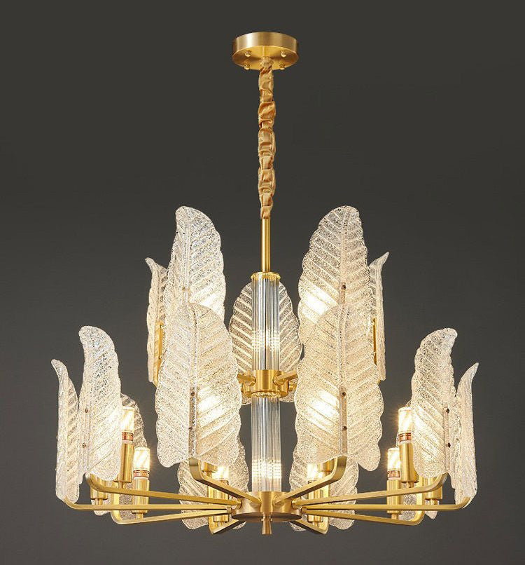 Lyss | Luxury Brass Chandelier with Leaves of Frosted Glass for Living Room, 15 Lights