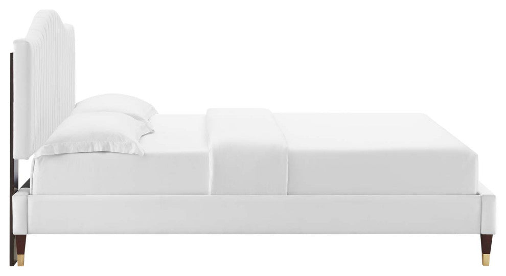 Tufted Platform Bed Frame, Full Size, Velvet, White, Modern Contemporary