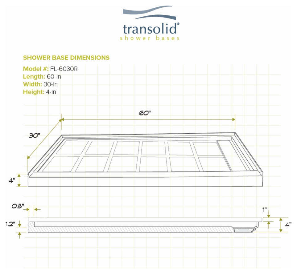 Transolid Linear 60"x30" Rectangular Alcove Shower Base with Left Hand Drain, White, Right Hand