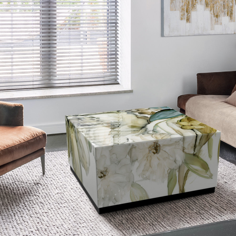 "Seaglass Garden II" Reverse Printed Glass Cocktail Table with Black Plinth Base