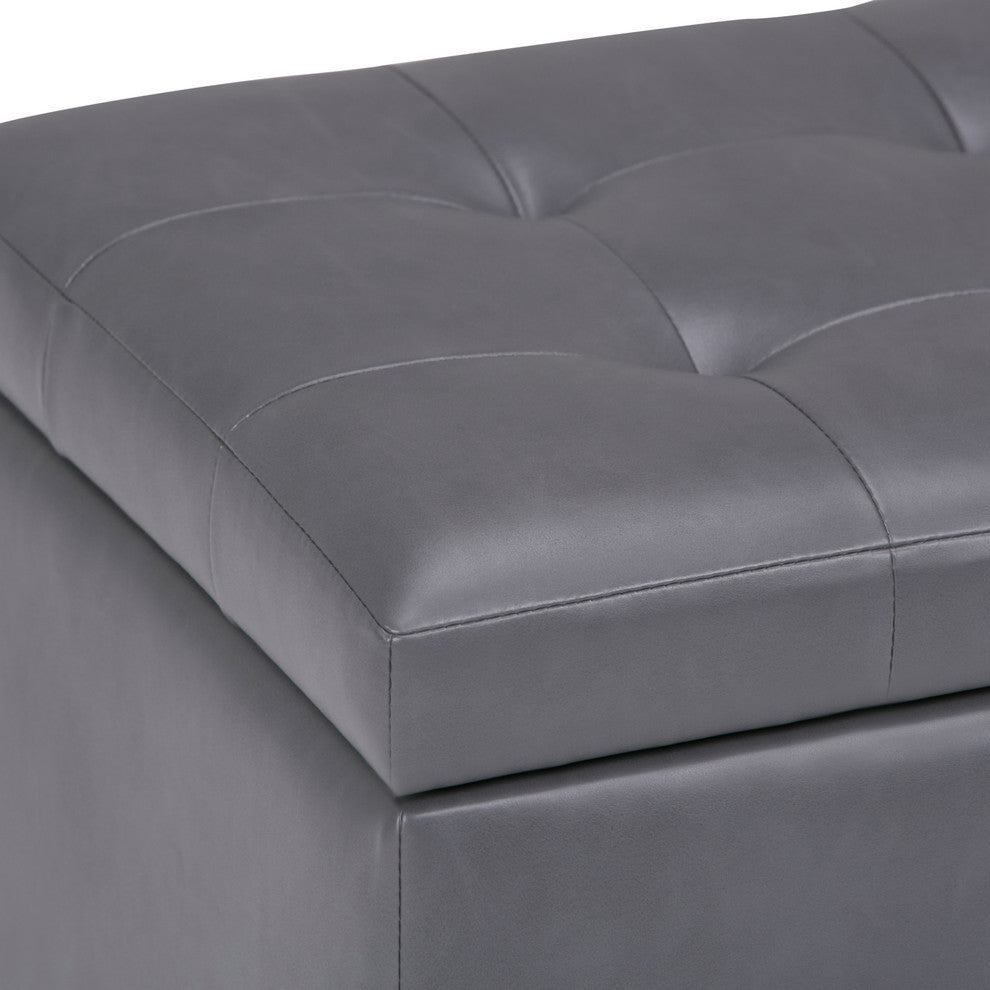 34 Inch Wide Rectangle Storage Ottoman In Stone Grey Faux Leather