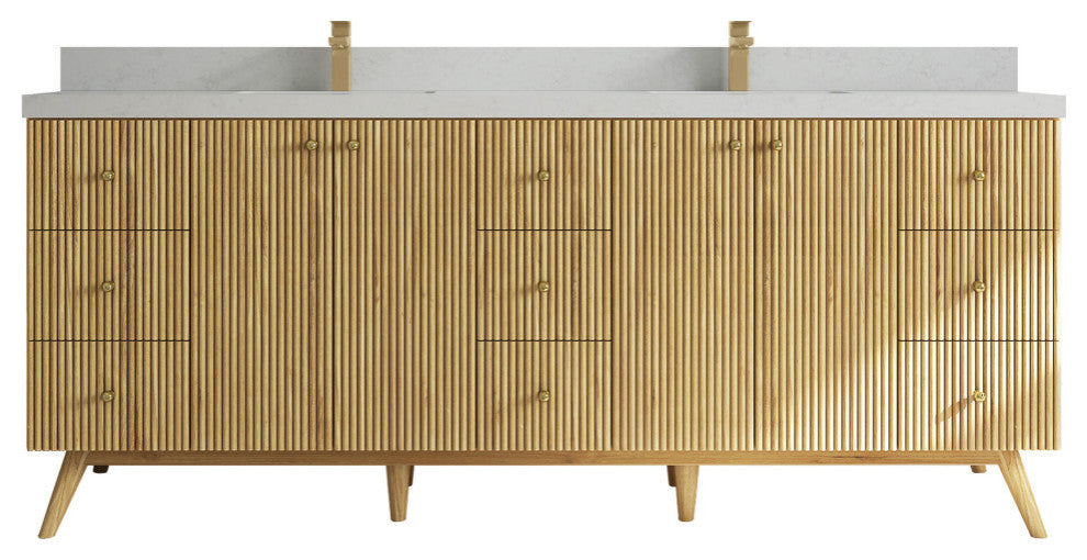 Pasadena 84 Double Sink Bath Vanity in Light Natural Teak 2" Carrara Quartz