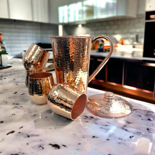 Set of 1 Shiny Copper Pitcher and 4 Tumblers