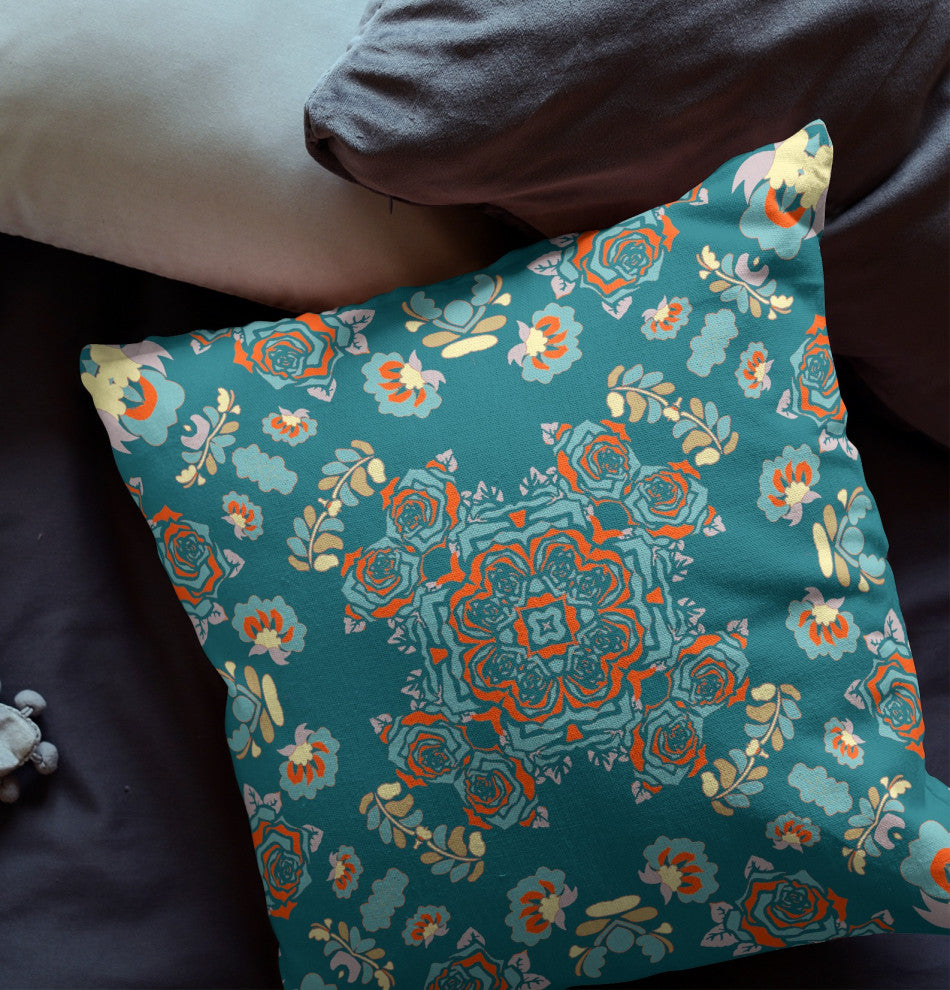 20" Teal Orange Wreath Indoor Outdoor Zippered Throw Pillow