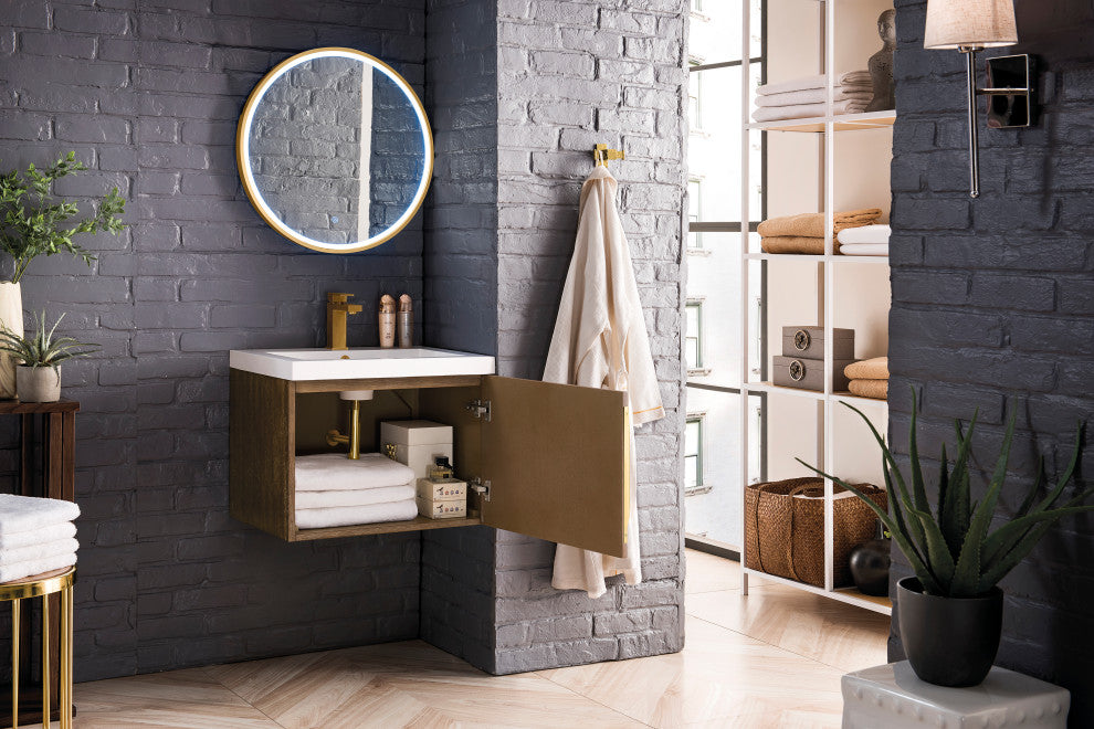 Columbia 24" Single Vanity, Latte Oak, White Glossy Composite Stone Top