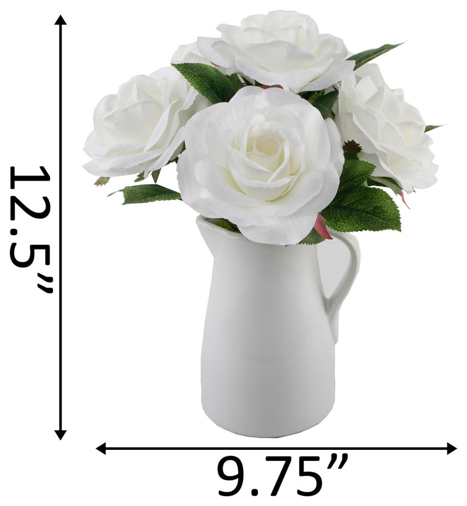 12" H Roses In Ceramic Water Pot,White