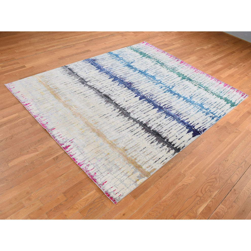 Cream Color The Cardiac Sari Silk With Textured Wool Hand Knotted Rug 8'x10'3"