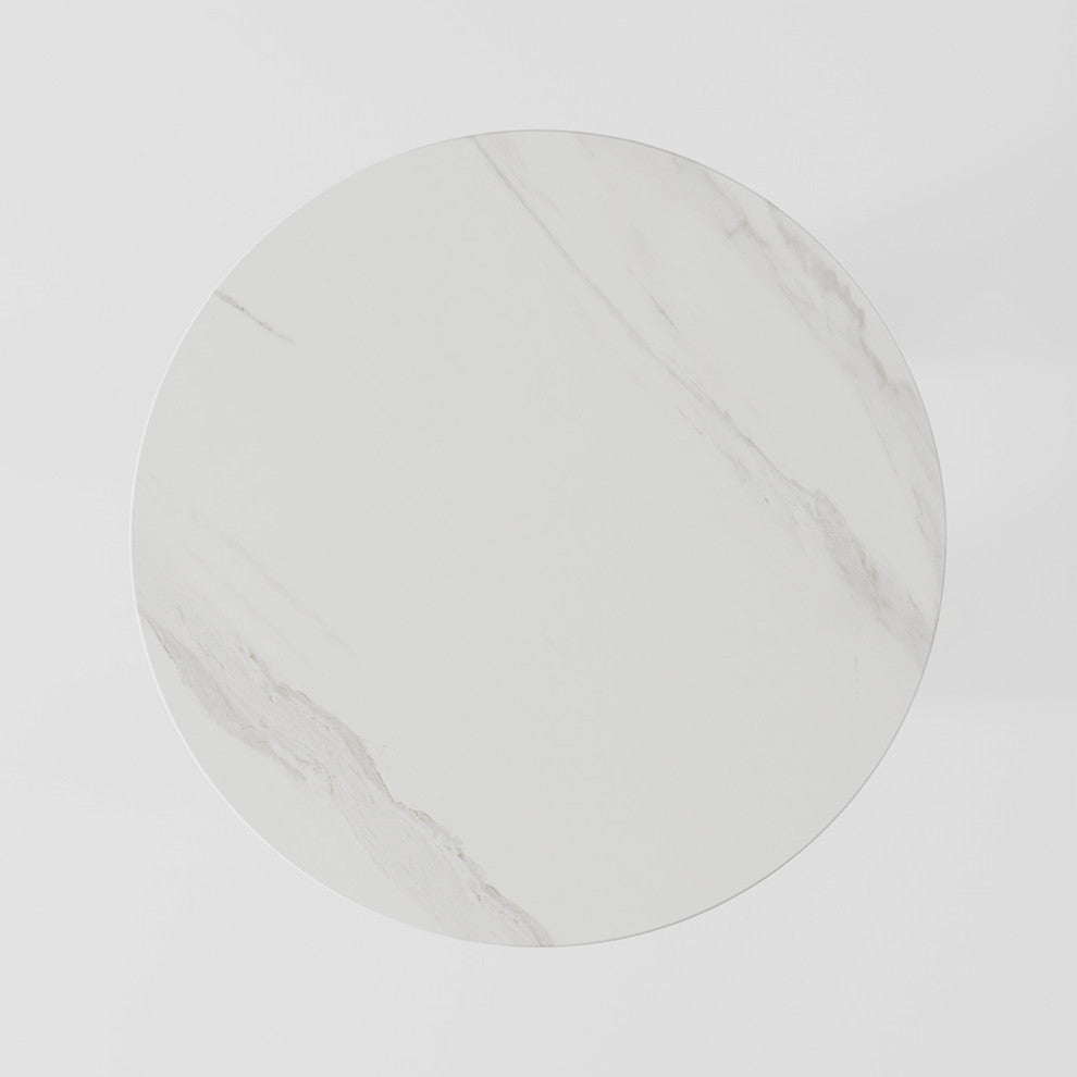 Modern Luxurious Round White Marble Stone Side Table X-Base End Table, White