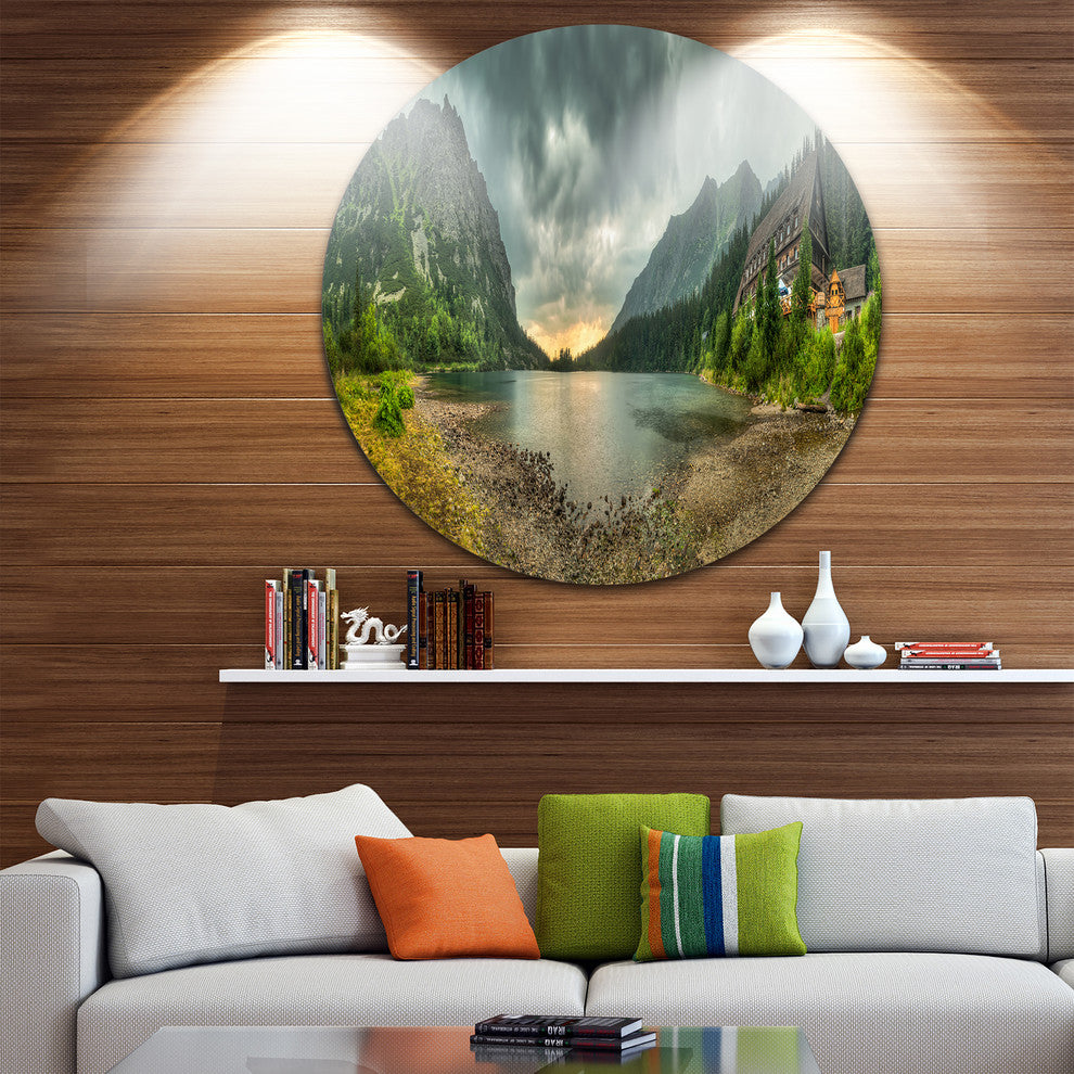 Mountain Chalet At Sunset Panorama, Landscape Round Metal Wall Art, 23"