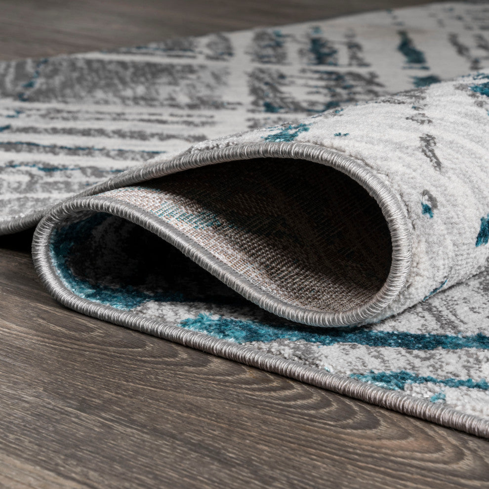 Slant Modern Abstract Area Rug, Gray/Turquoise, 2'x10'