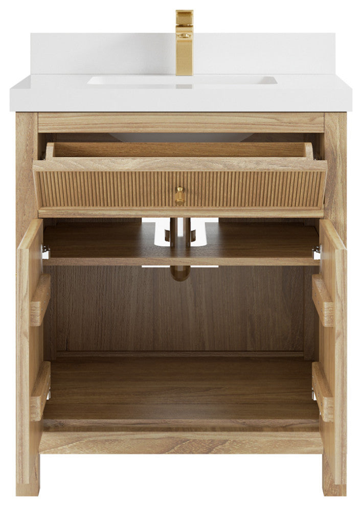 Sonoma Teak 30 Single Sink Bath Vanity Light Natural Teak 2" White Quartz