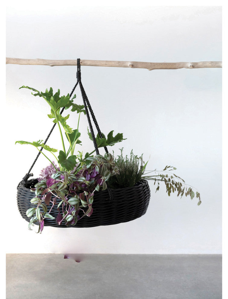 Hand-Woven Hanging Rattan Basket With Jute Rope Hanger