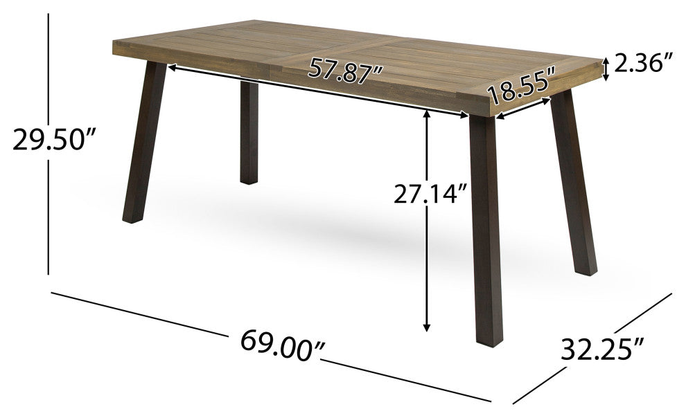 GDF Studio Mika Outdoor Finish Acacia Wood Dining Table With Metal Legs, Gray/Rustic Metal