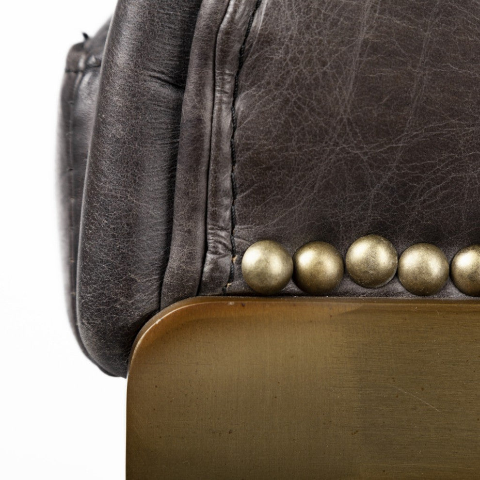 29" Black Leather Antiqued Gold Low Back Counter Stool