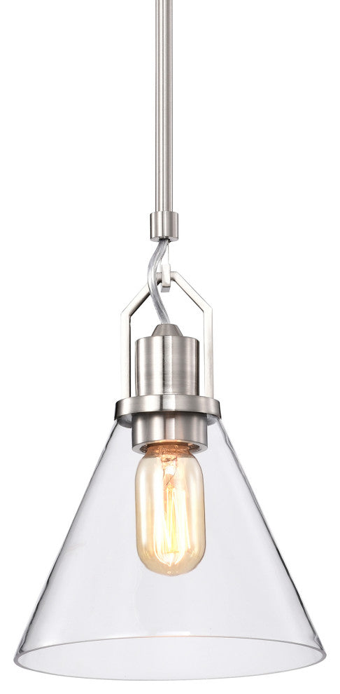 1-Light Brushed Nickel Mini Pendant With Clear Cone Glass Shade