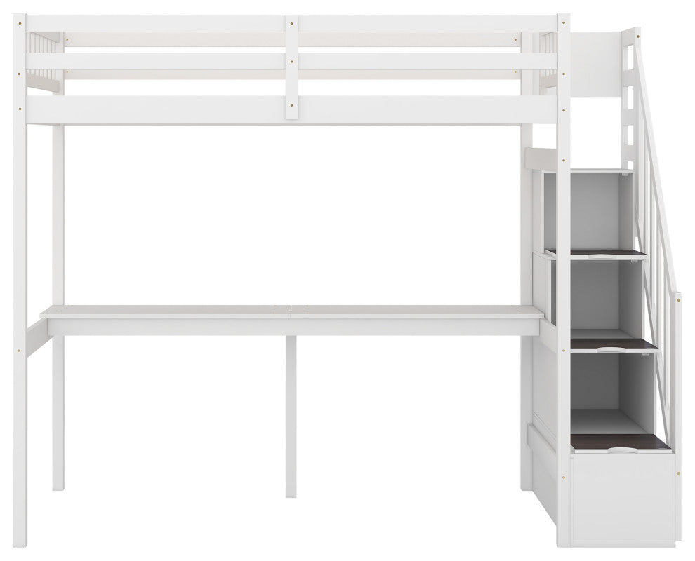 Gewnee Twin Size Loft Bed with Storage Staircase and Built-in Desk in White