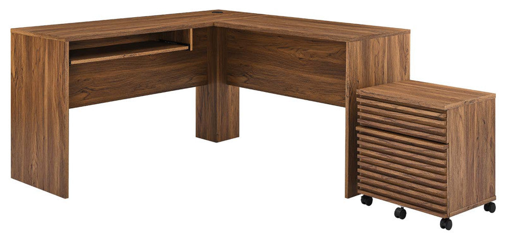 Render Wood Desk and File Cabinet Set, Walnut