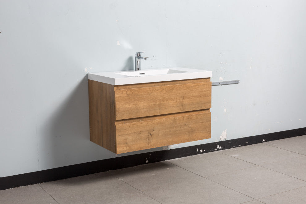 Alma-Pre Wall Mount Vanity With White Sink, Natural Oak, 36"