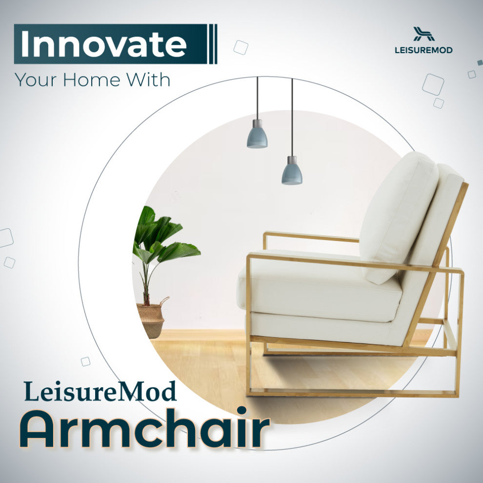 LeisureMod Jefferson Faux Leather Accent Armchair With Gold Frame, White