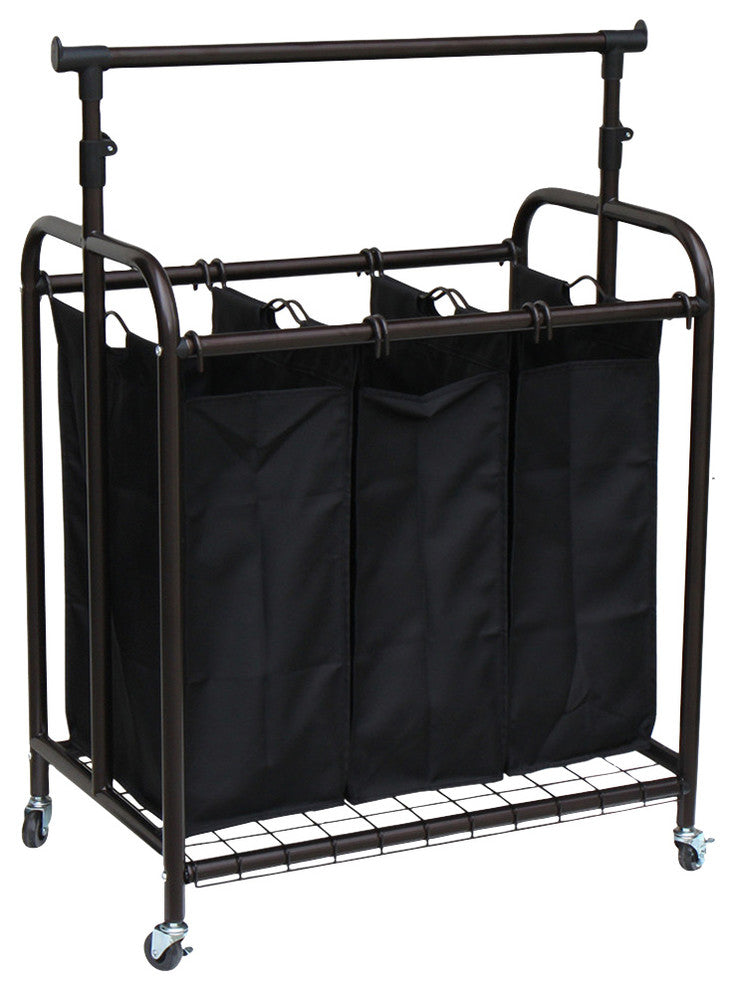 Oceanstar 3-Bag Rolling Laundry Sorter with Adjustable Hanging Bar, Bronze