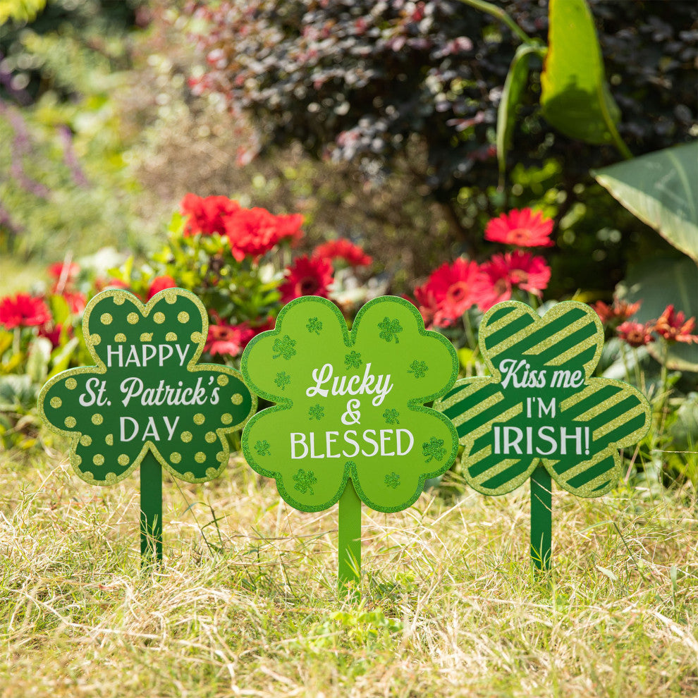 15" Wooden St. Patrick's Shamrocks Yard Stake, 3-Piece Set