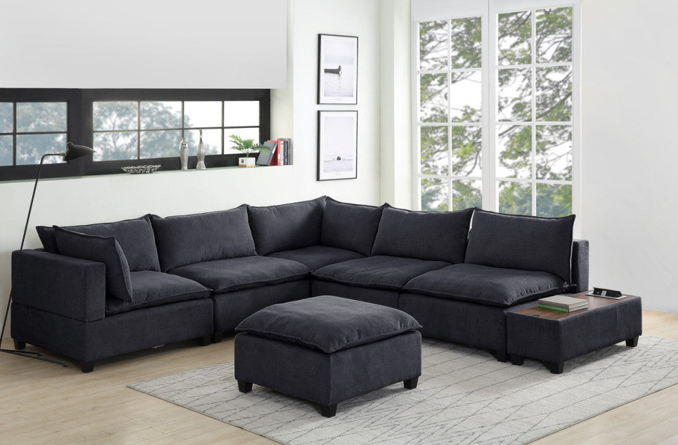 Madison Down Feather Sectional Sofa, Ottoman and USB Storage Console Table, Dark