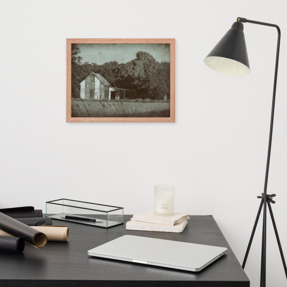 Patriotic Barn in Field Vintage Black and White Framed Photo Wall Art Print, Red Oak, 12" X 16"
