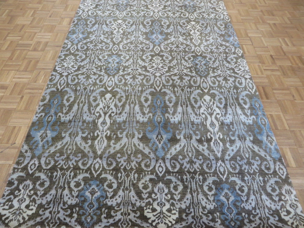 6x9'3 Handmade Chocolate Brown Ikat Peshawar Oriental Rug