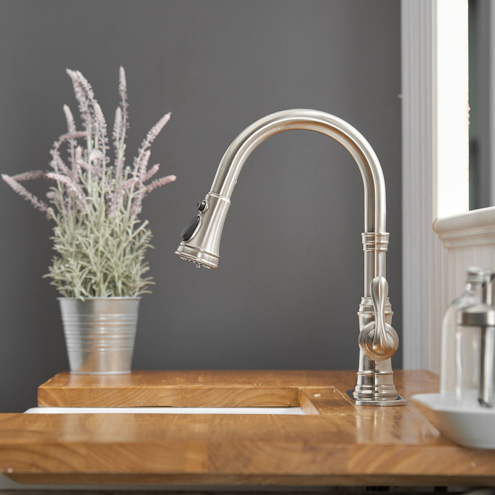 Wellfor Single Level Stainless Steel Kitchen Sink Faucet With Pull down Sprayer, Brushed Nickel