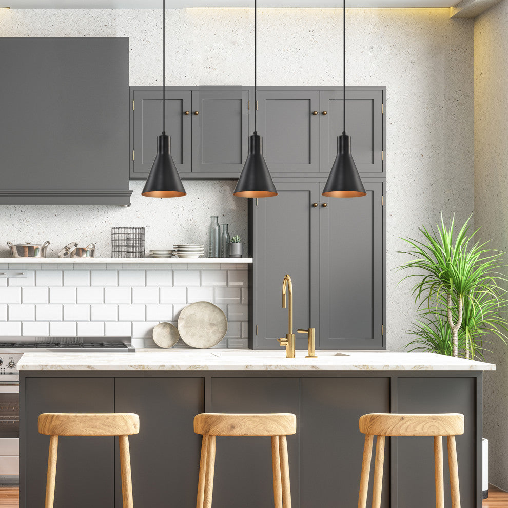 1-Light Matte Black Metal Cone Hanging Kitchen Pendant Light