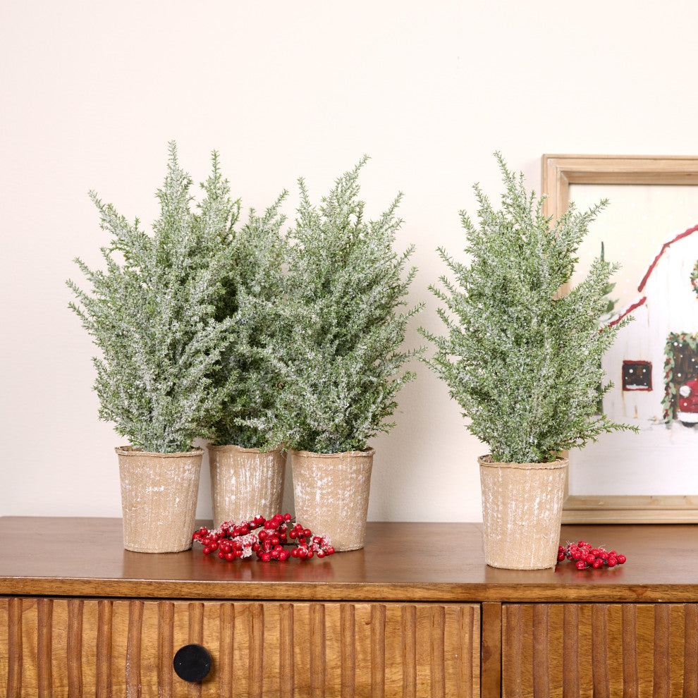 Potted Icy Pine Tree, 4-Piece Set