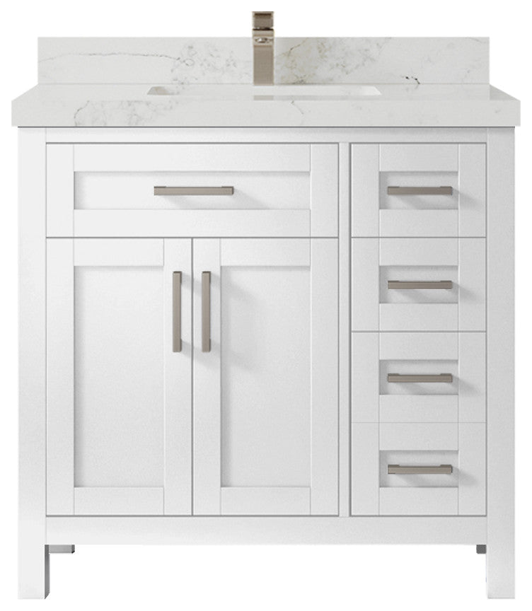 Cambridge 36 Center Sink Bath Vanity in White 2" Calacatta Nuvo