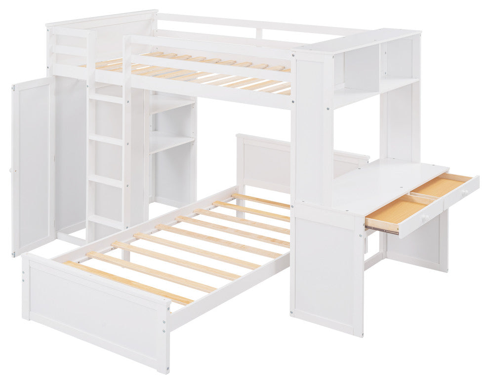 Gewnee Wood Twin size Loft Bed with Platform Bed and Wardrobe in White
