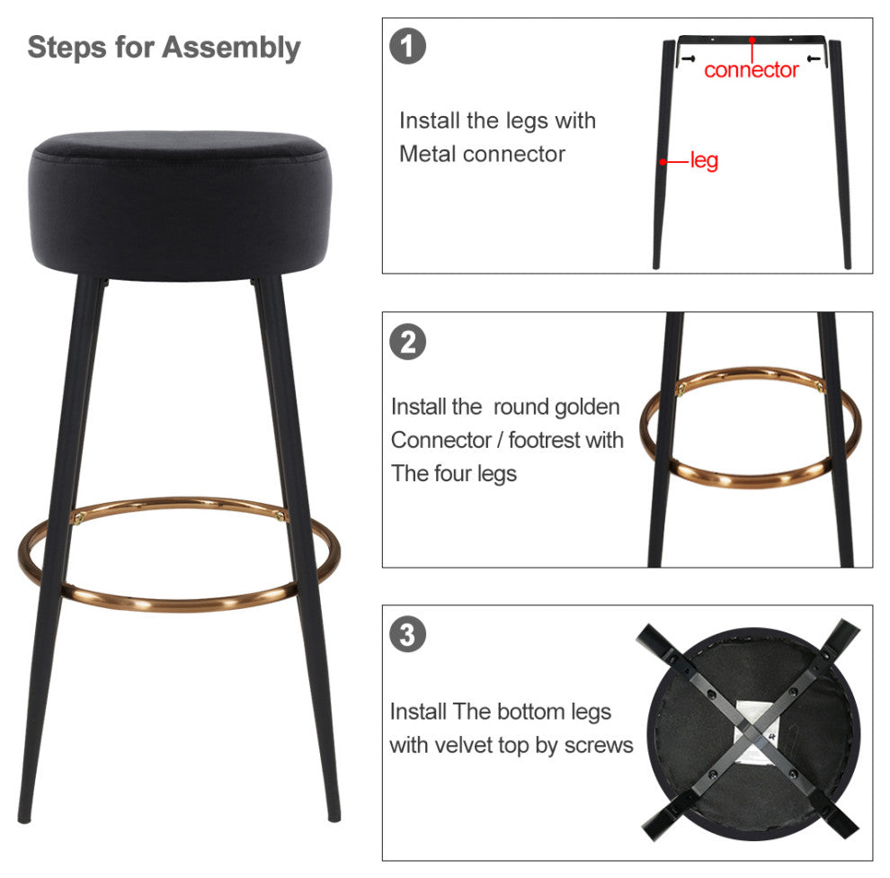 Minimalist Round Bar Stools, Black Velvet - 2 Pcs, 30 Inch
