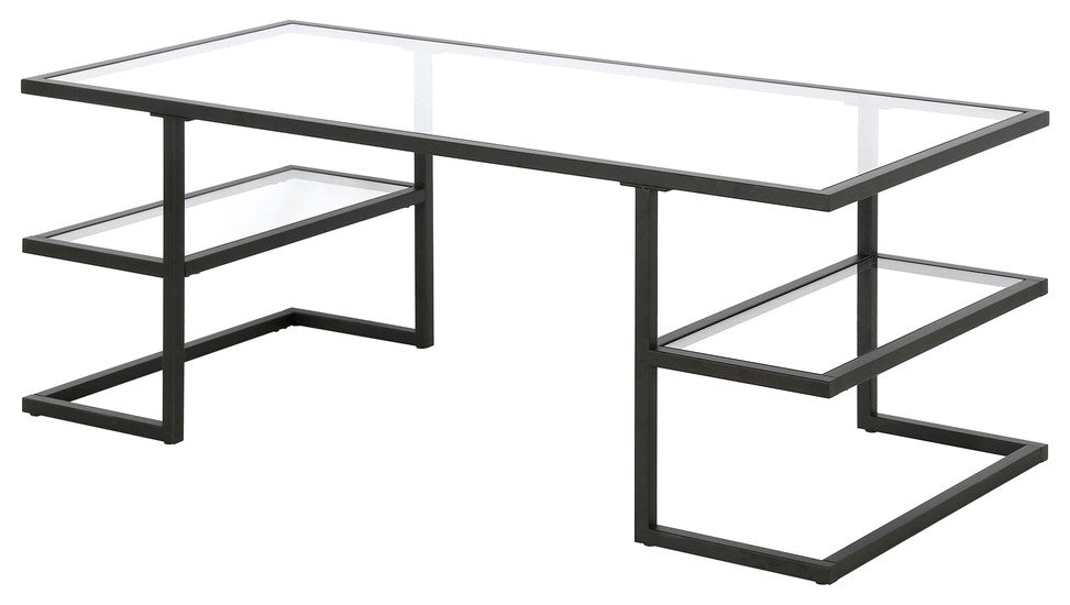 47" Black Glass And Steel Coffee Table With Two Shelves