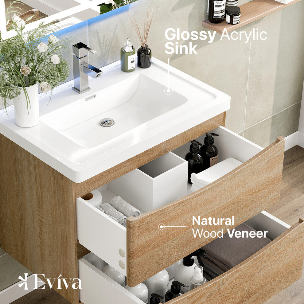 Eviva Smile 30" White Oak Wall Mount Modern Bathroom Vanity White Acrylic Sink