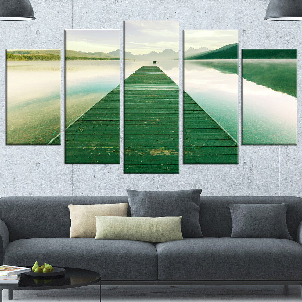 Green Wood Pier At Glacier Park, Seashore Canvas Art Print, 60"x32", 5 Panels