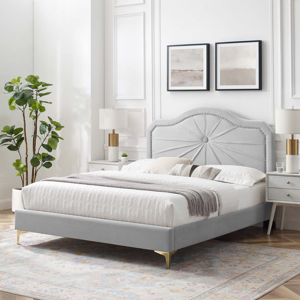 Platform Bed Frame, King Size, Velvet, Light Gray, Modern Contemporary