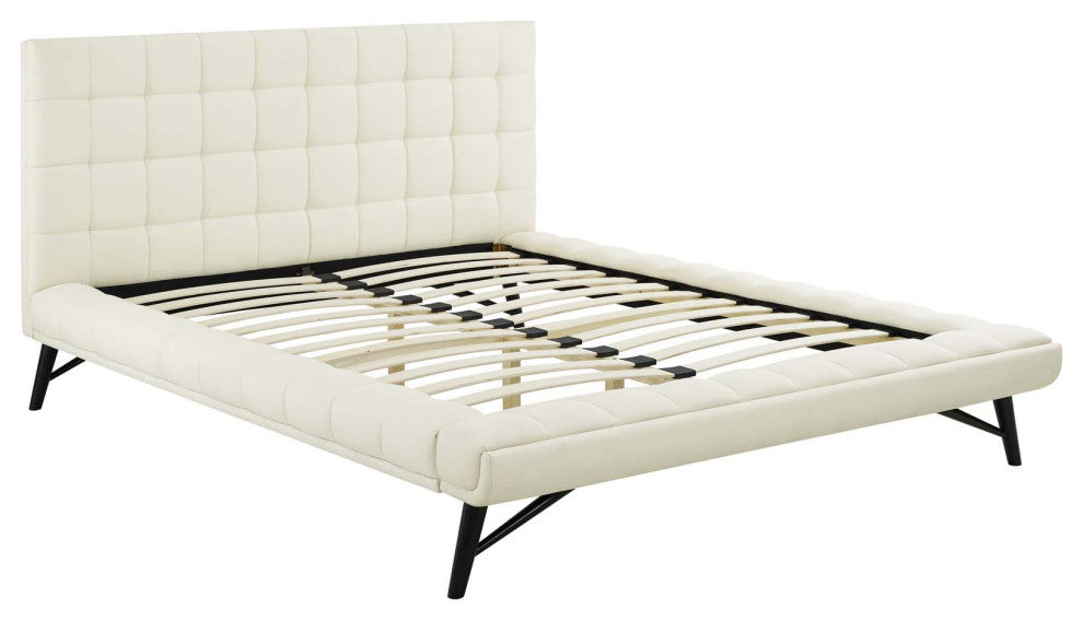 Ivory Julia Queen Biscuit Tufted Upholstered Fabric Platform Bed