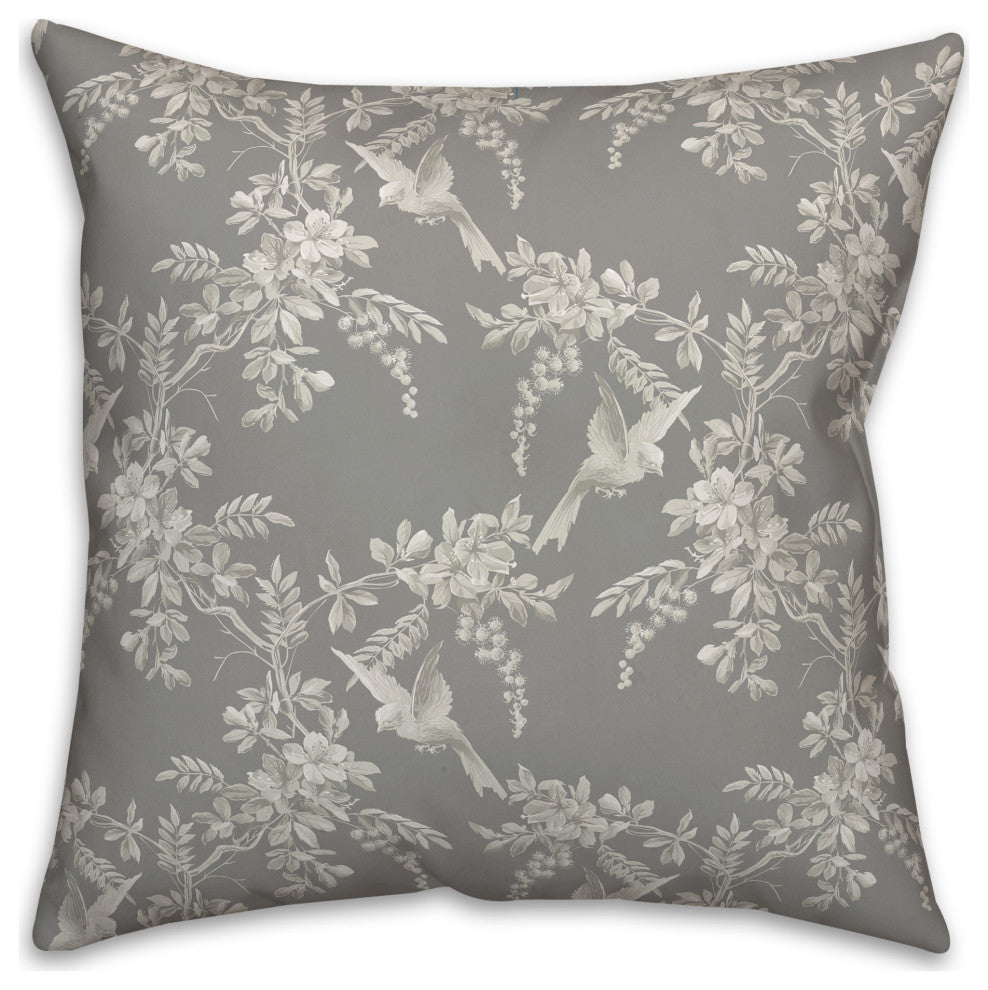 Birds Leaves Monochrome On Gray 4 16x16 Spun Poly Pillow