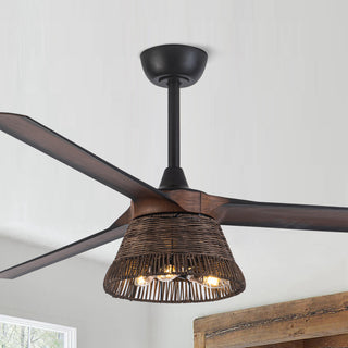 60 in Indoor Rustic Brown Rattan Ceiling Fan with Light Kit and Remote Control