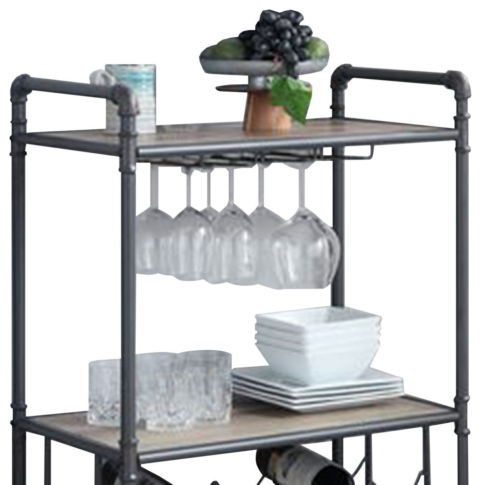 Benzara BM269552 Wine Bottle Rack With 2 Tier Shelves and Metal Frame, Gray