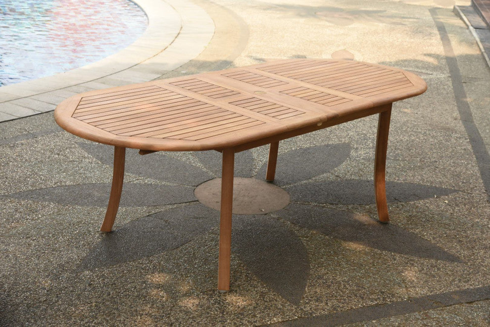 9-Piece Outdoor Teak Dining Set: 94" Oval Extn Table, 8 Hari Stacking Arm Chairs