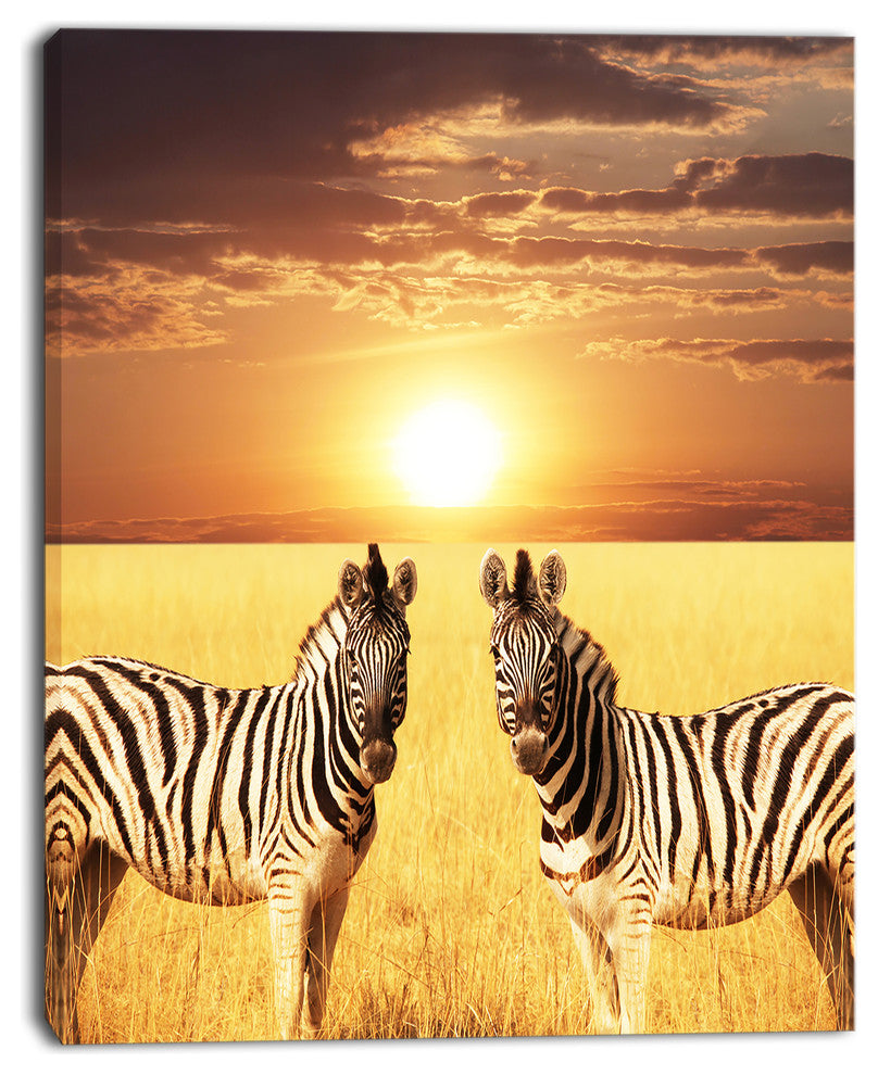 Pair of Zebras in Field At Sunset, African Canvas Art Print, 30"x40"