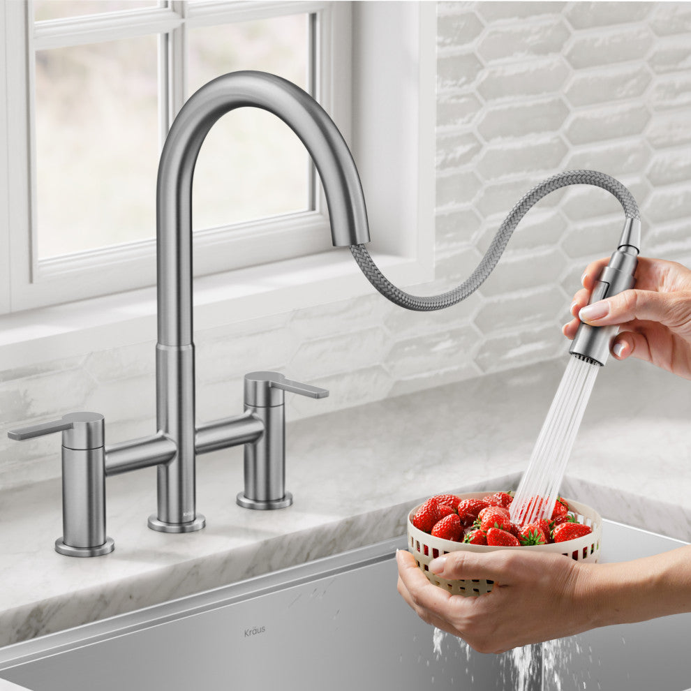 KRAUS Oletto 2-Function Pulldown 3-Hole Bridge Kitchen Faucet, Spot Free SS