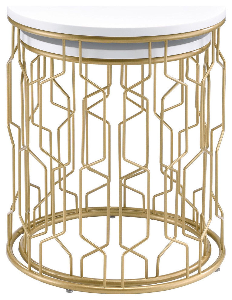 Set of 2 Nesting Nightstand, Geometric Metal Base With Round Top, Golg Coating
