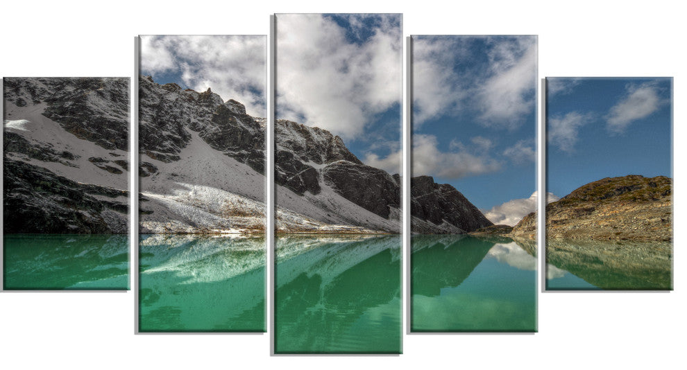 Clear Mountain Lake under Bright Sky, Landscape Canvas Print, 60"x32", 5 Panels